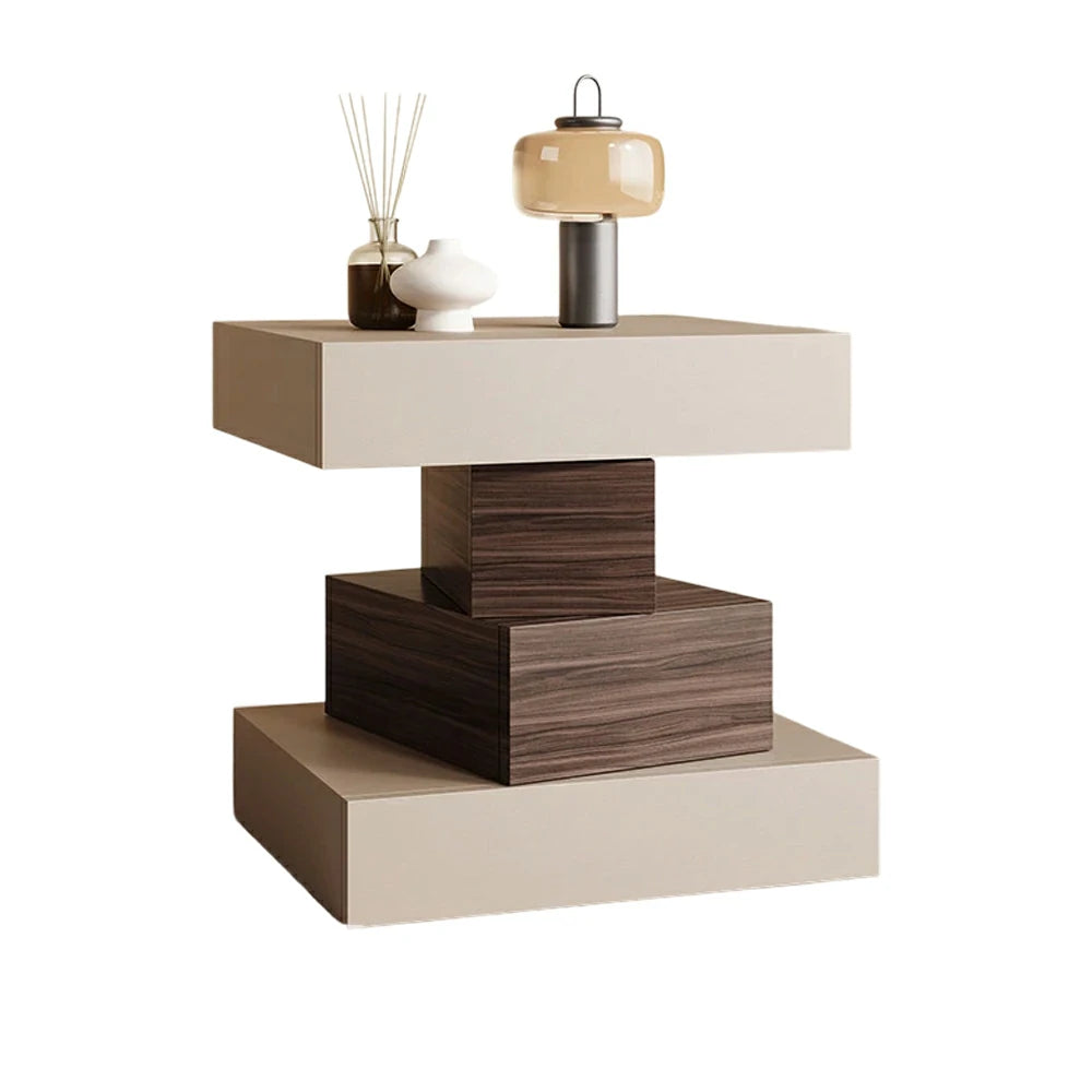 LIVARA Bedside Table - Four Drawer Storage, Leather Upholstery, 50cm Nightstand for Bedroom - Khaki & Walnut