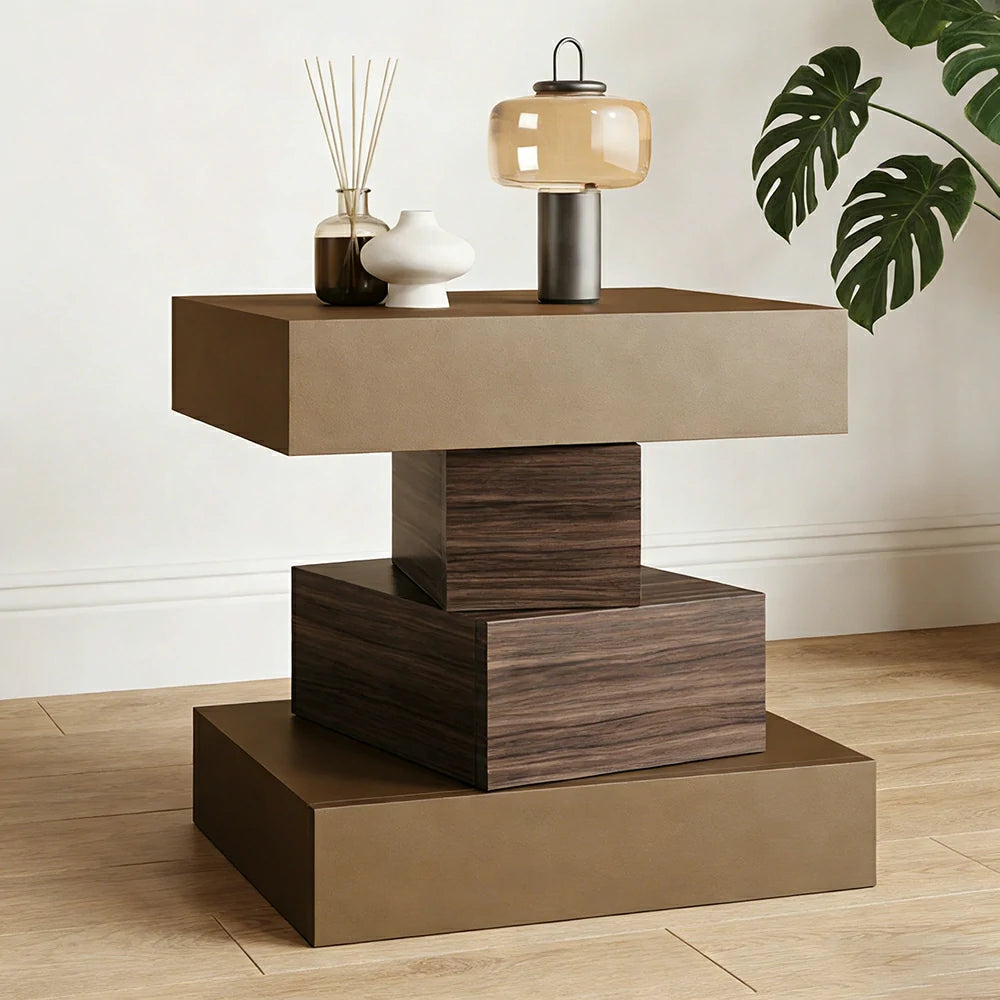 LIVARA Bedside Table - Four Drawer Storage, Leather Upholstery, 50cm Nightstand for Bedroom - Light Coffee & Walnut