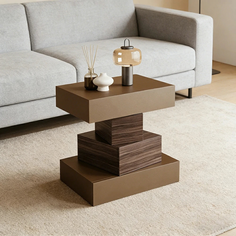 LIVARA Bedside Table - Four Drawer Storage, Leather Upholstery, 50cm Nightstand for Bedroom - Light Coffee & Walnut
