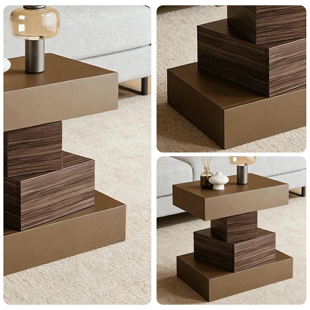 LIVARA Bedside Table - Four Drawer Storage, Leather Upholstery, 50cm Nightstand for Bedroom - Light Coffee & Walnut