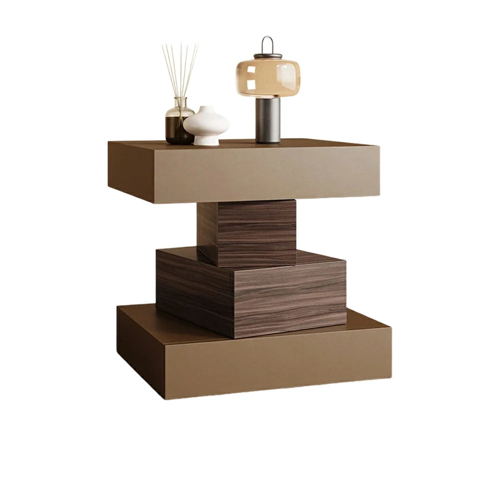 LIVARA Bedside Table - Four Drawer Storage, Leather Upholstery, 50cm Nightstand for Bedroom - Light Coffee & Walnut