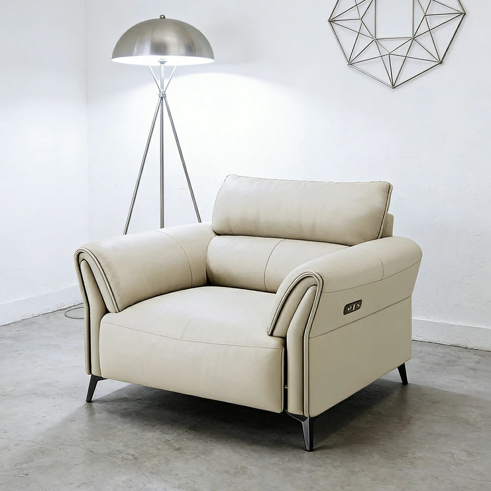 LIVARA Electric Recliner Sofa 106cm Single Seat Wide-Angle Adjustment Top-Grain Leather Ergonomic Comfort Design - Beige