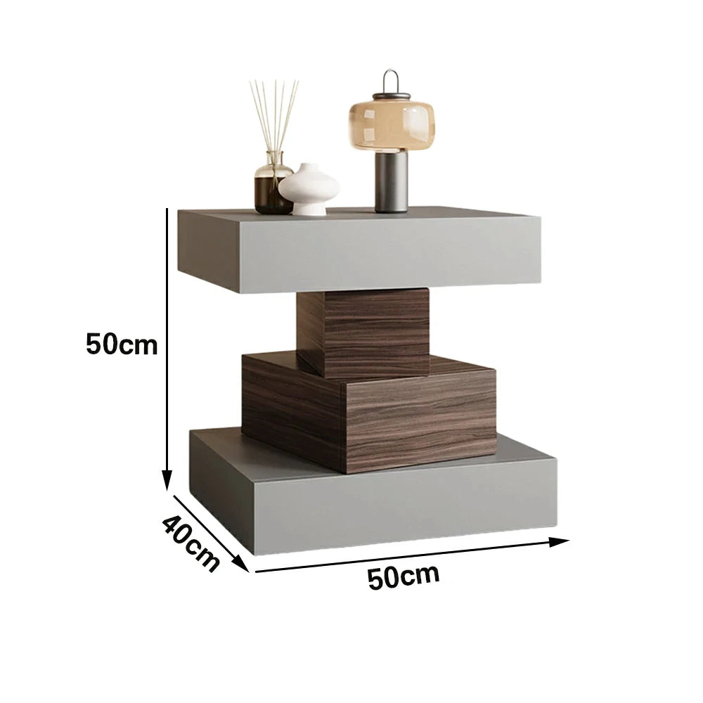 LIVARA Bedside Table - Four Drawer Storage, Leather Upholstery, 50cm Nightstand for Bedroom - Light Grey & Walnut