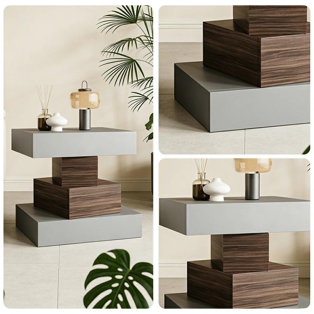 LIVARA Bedside Table - Four Drawer Storage, Leather Upholstery, 50cm Nightstand for Bedroom - Light Grey & Walnut