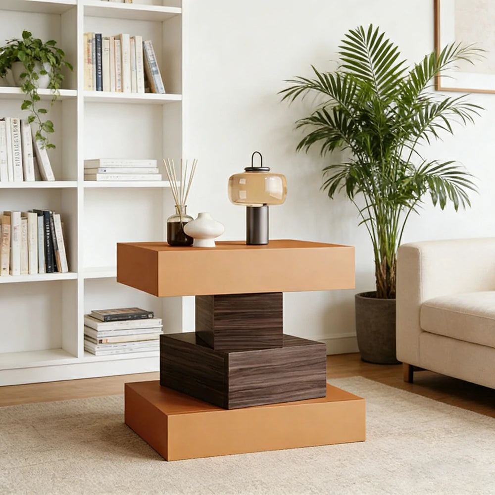 LIVARA Bedside Table - Four Drawer Storage, Leather Upholstery, 50cm Nightstand for Bedroom - Orange & Walnut