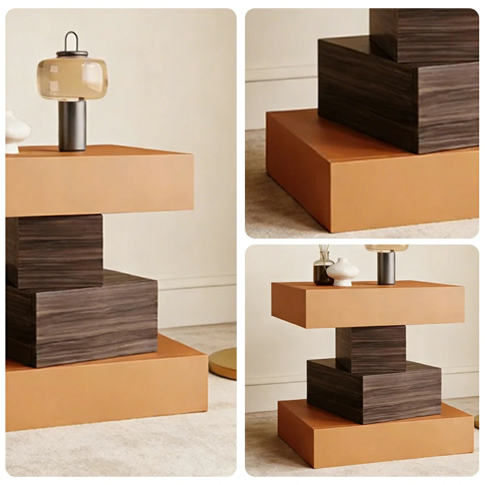 LIVARA Bedside Table - Four Drawer Storage, Leather Upholstery, 50cm Nightstand for Bedroom - Orange & Walnut
