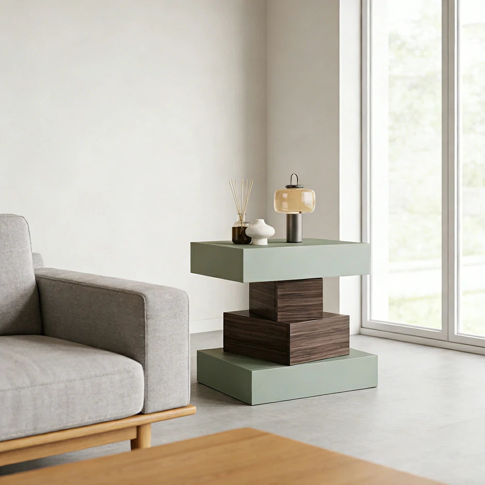 LIVARA Bedside Table - Four Drawer Storage, Leather Upholstery, 50cm Nightstand for Bedroom - Avocado Green & Walnut