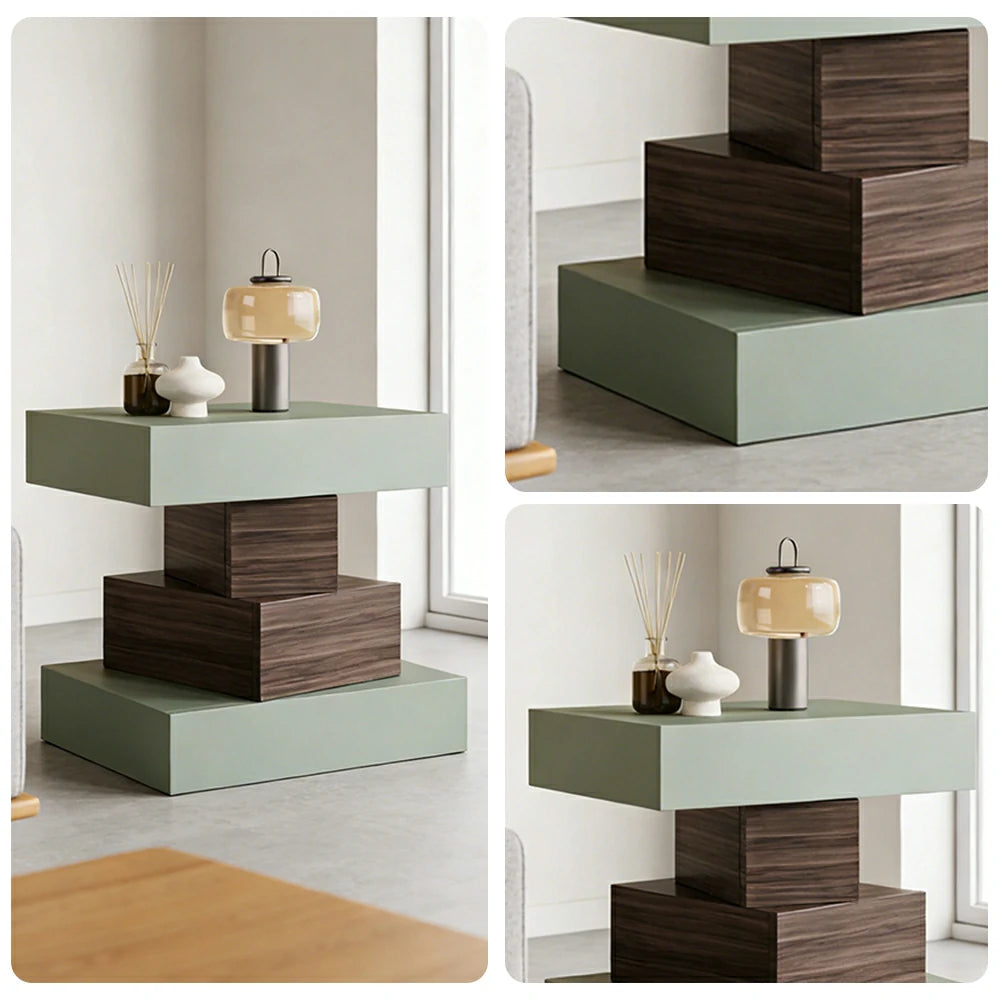 LIVARA Bedside Table - Four Drawer Storage, Leather Upholstery, 50cm Nightstand for Bedroom - Avocado Green & Walnut