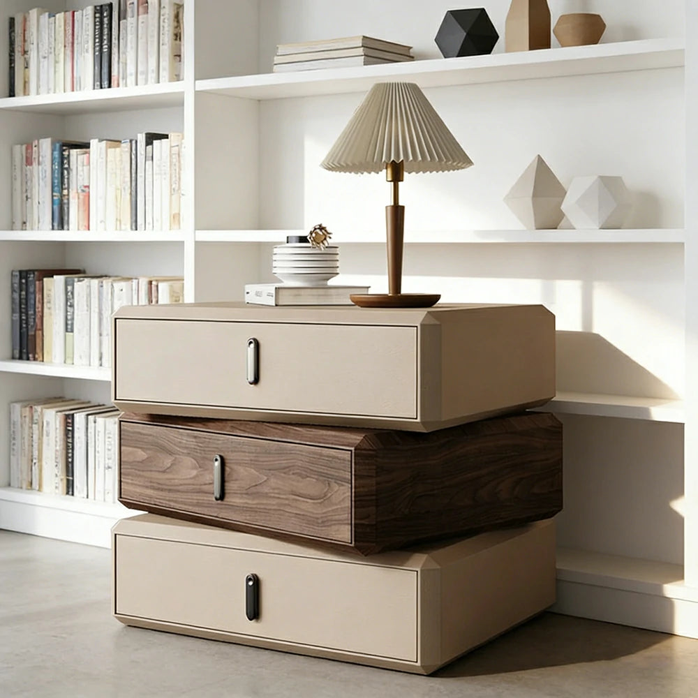 LIVARA Bedside Table - Solid Wood Storage Nightstand for Bedroom - Khaki & Walnut