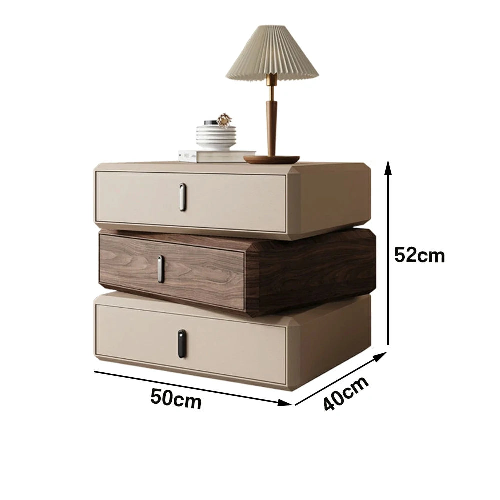 LIVARA Bedside Table - Solid Wood Storage Nightstand for Bedroom - Khaki & Walnut