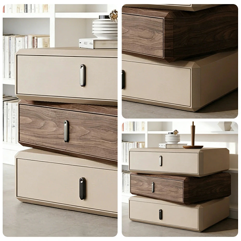 LIVARA Bedside Table - Solid Wood Storage Nightstand for Bedroom - Khaki & Walnut