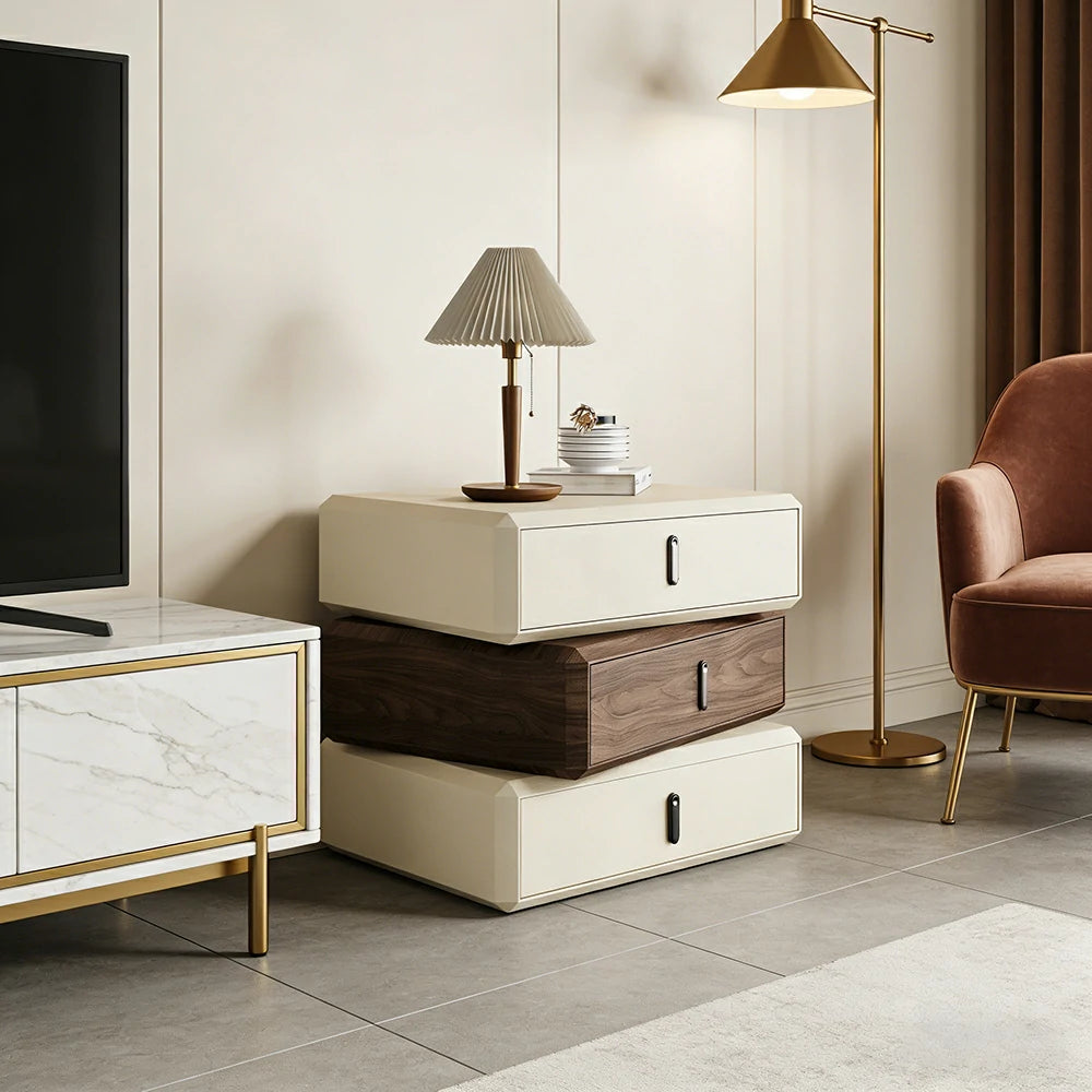 LIVARA Bedside Table - Solid Wood Storage Nightstand for Bedroom - Ivory & Walnut