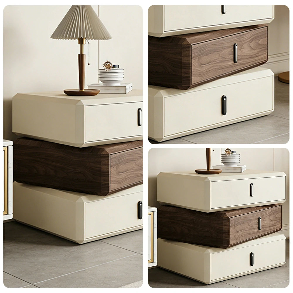 LIVARA Bedside Table - Solid Wood Storage Nightstand for Bedroom - Ivory & Walnut