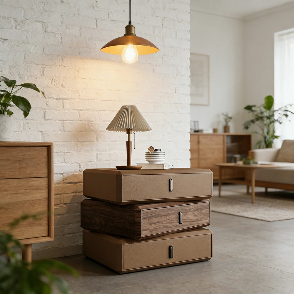 LIVARA Bedside Table - Solid Wood Storage Nightstand for Bedroom - Light Coffee & Walnut