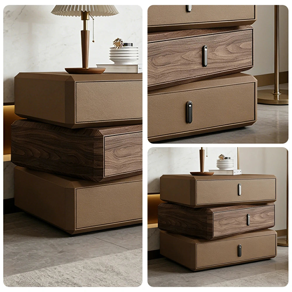 LIVARA Bedside Table - Solid Wood Storage Nightstand for Bedroom - Light Coffee & Walnut