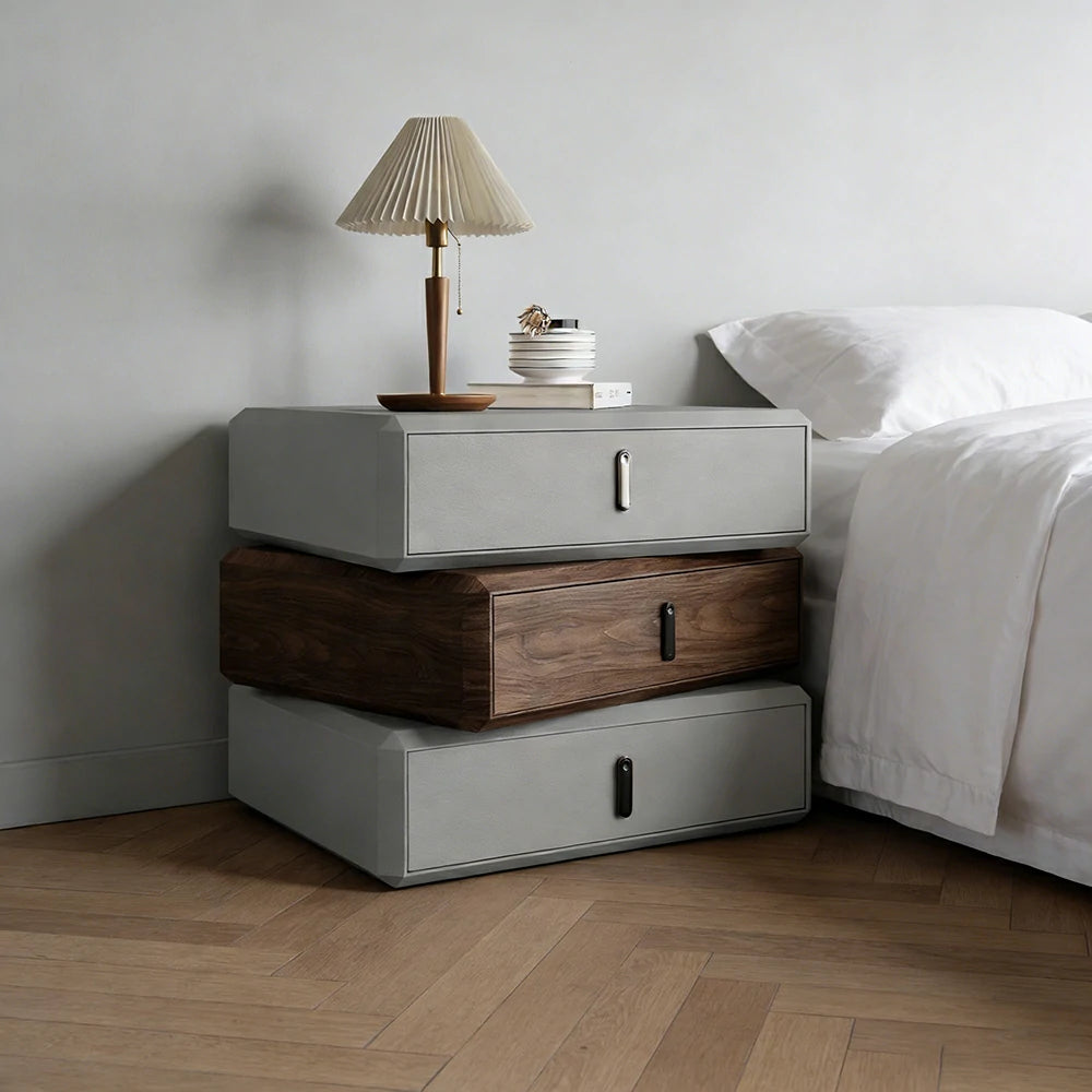 LIVARA Bedside Table - Solid Wood Storage Nightstand for Bedroom - Light Grey & Walnut