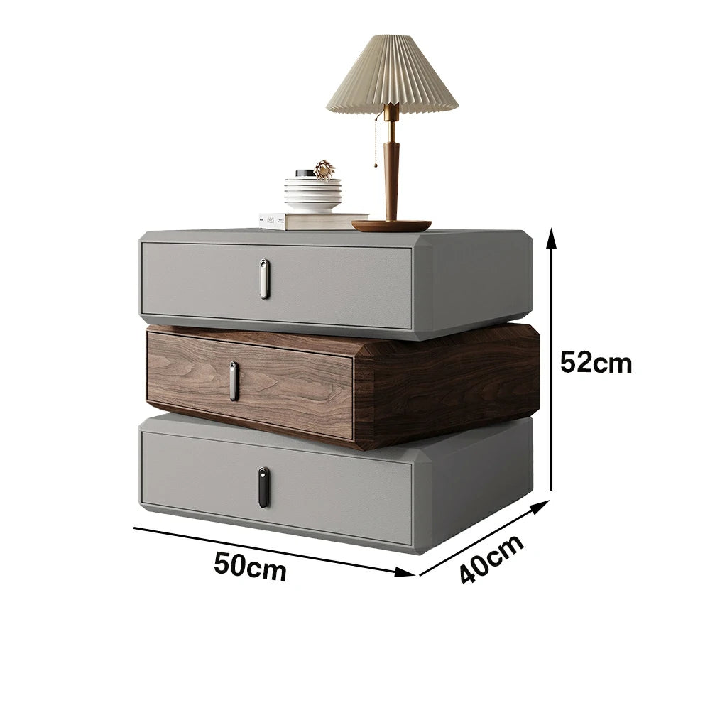 LIVARA Bedside Table - Solid Wood Storage Nightstand for Bedroom - Light Grey & Walnut