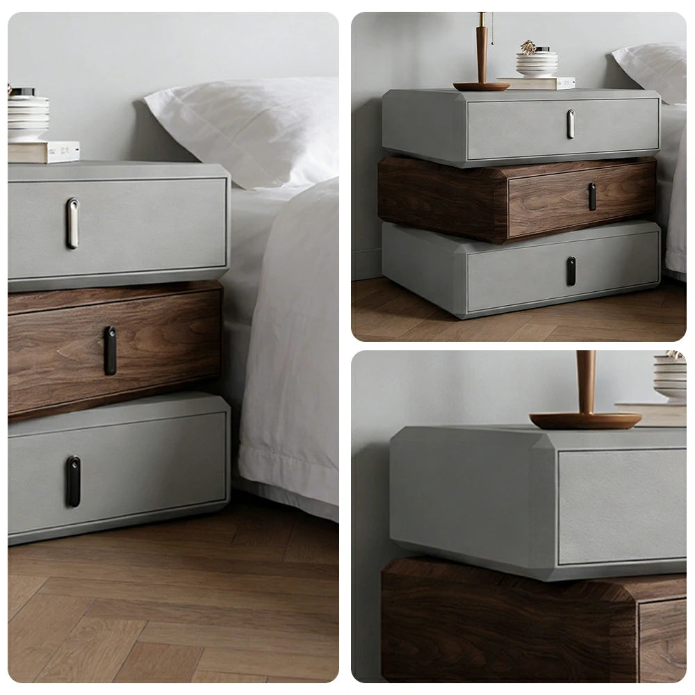 LIVARA Bedside Table - Solid Wood Storage Nightstand for Bedroom - Light Grey & Walnut