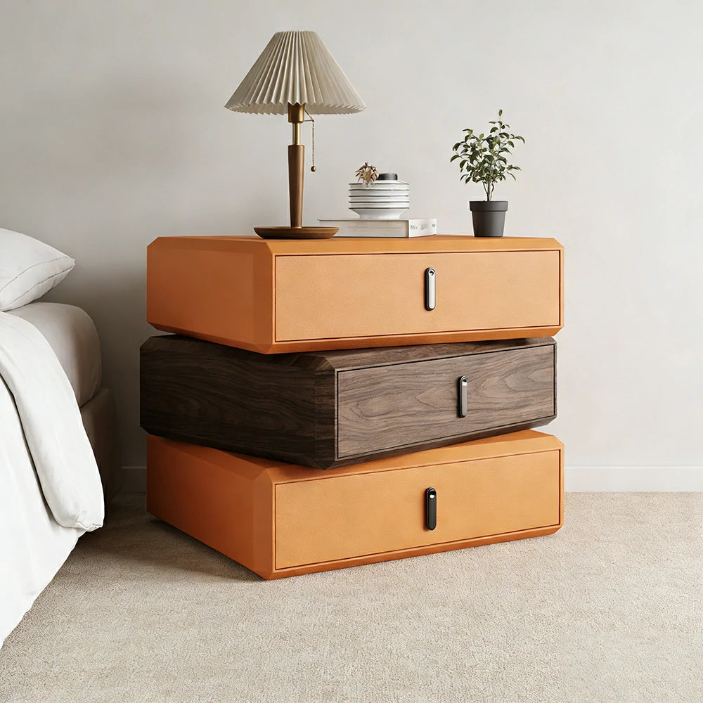 LIVARA Bedside Table - Solid Wood Storage Nightstand for Bedroom - Orange & Walnut