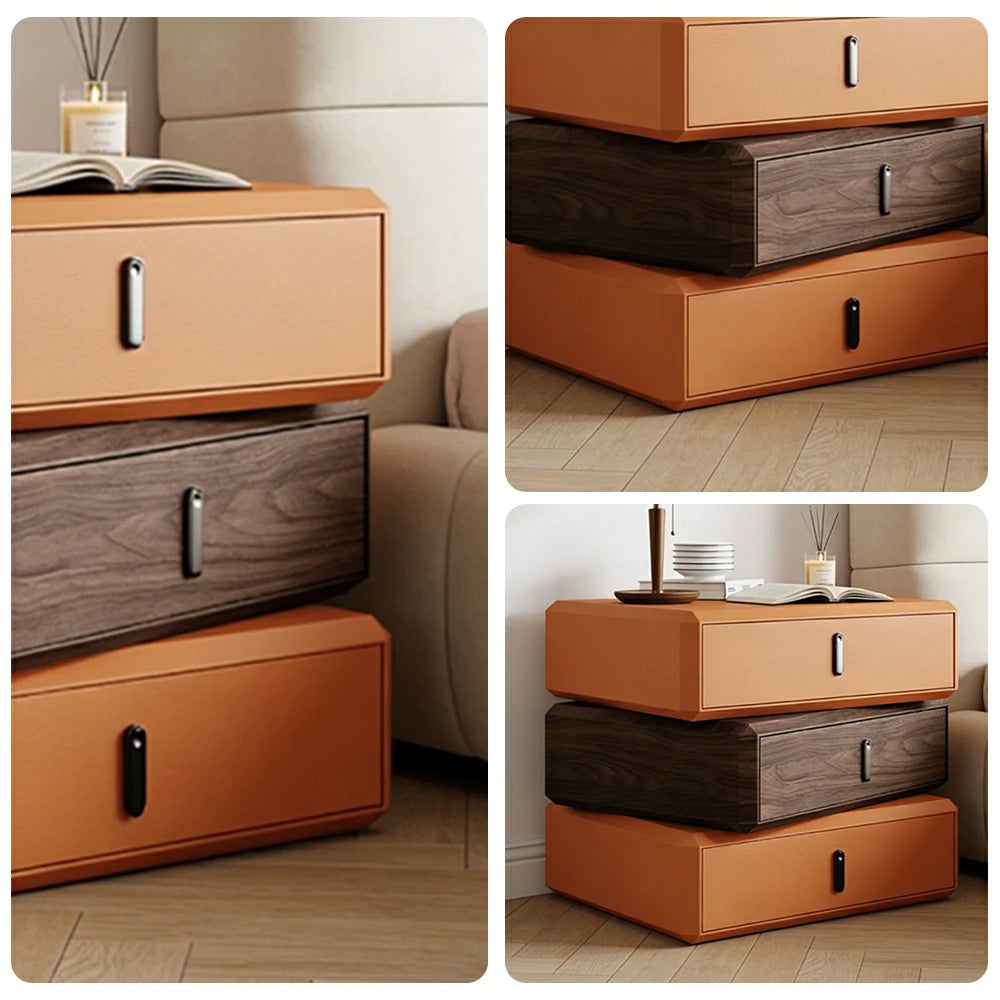 LIVARA Bedside Table - Solid Wood Storage Nightstand for Bedroom - Orange & Walnut