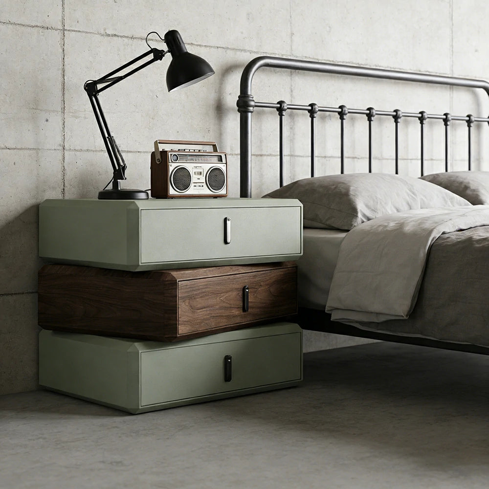 LIVARA Bedside Table - Solid Wood Storage Nightstand for Bedroom - Green & Walnut