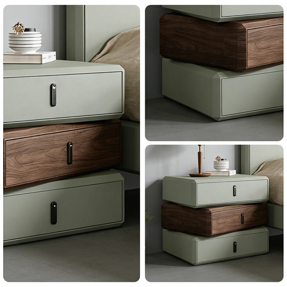 LIVARA Bedside Table - Solid Wood Storage Nightstand for Bedroom - Green & Walnut
