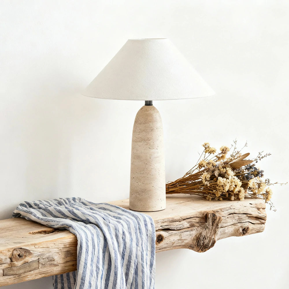LIVARA Table Lamp Cone-Shaped Shade Natural Limestone Base Soft Lighting & Sculptural Design