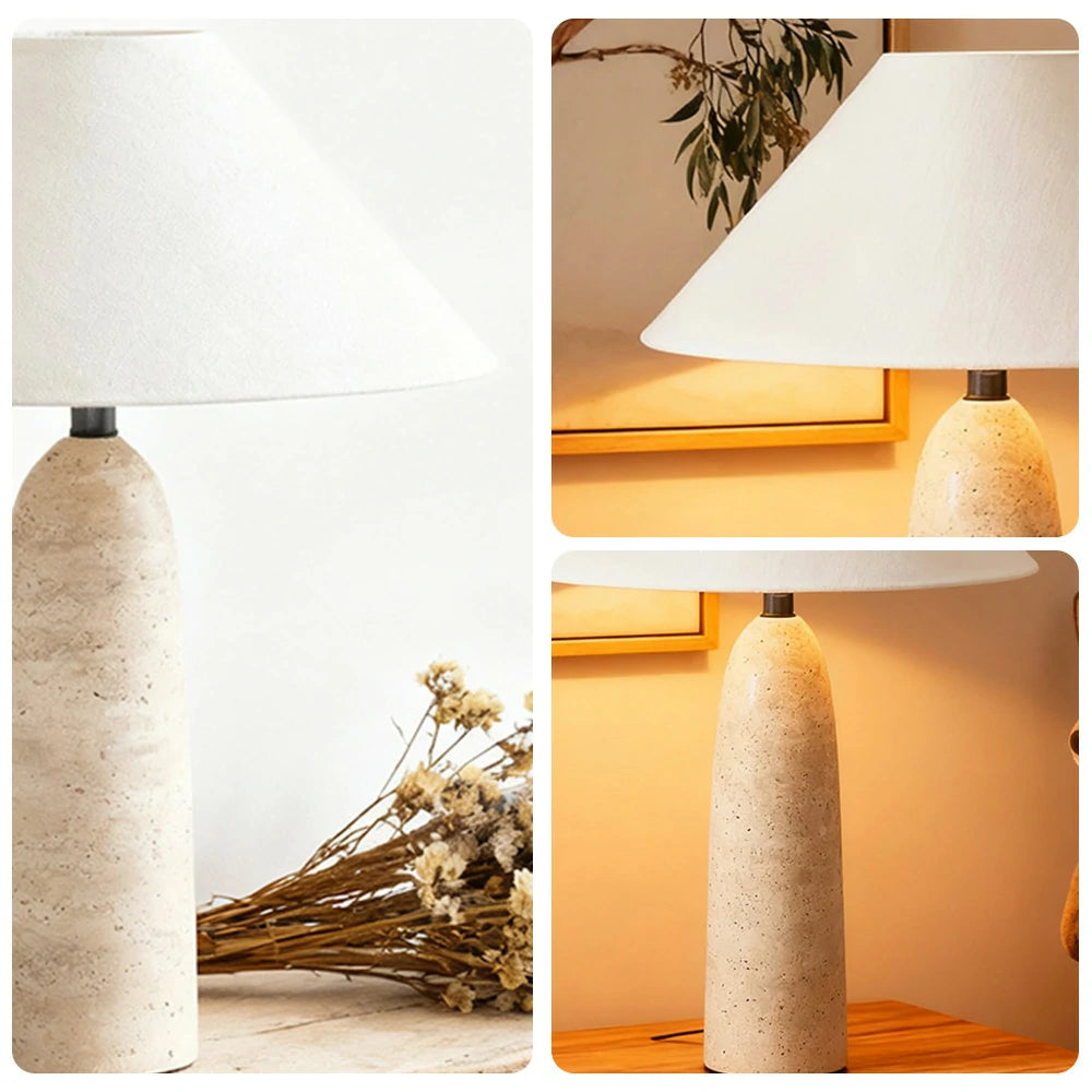 LIVARA Table Lamp Cone-Shaped Shade Natural Limestone Base Soft Lighting & Sculptural Design