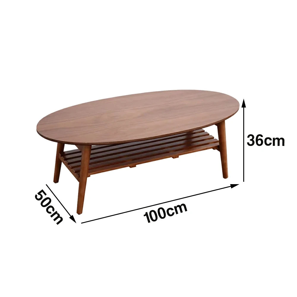 LUXORA Oval Foldable Coffee Table - Solid Wood Frame with Open Storage Shelf, Space-Saving Low Living Room Centre Table - Walnut