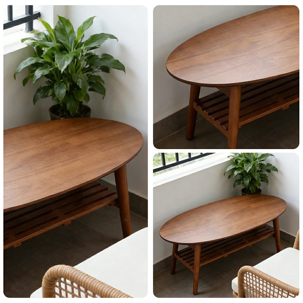 LUXORA Oval Foldable Coffee Table - Solid Wood Frame with Open Storage Shelf, Space-Saving Low Living Room Centre Table - Walnut
