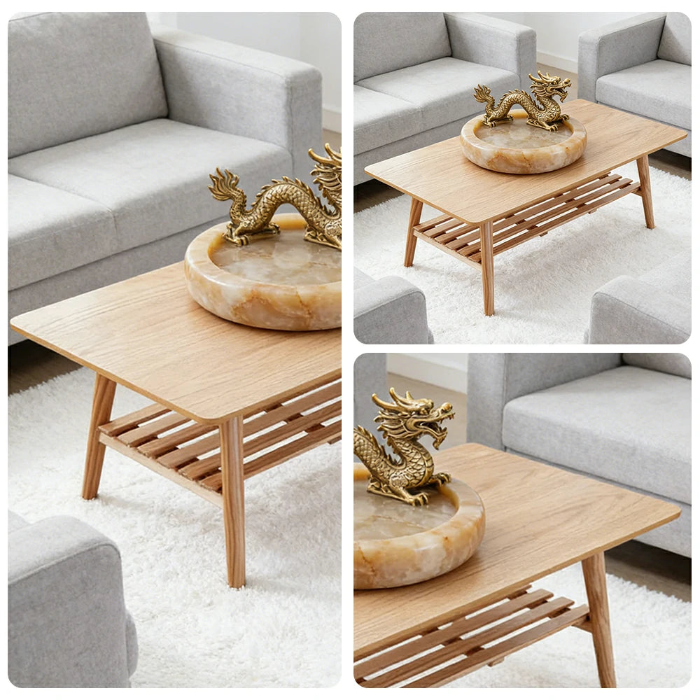 LIVARA Japanese Minimalist Foldable Coffee Table - Solid Wood Legs with Open Storage Shelf, Space-Saving Rectangle Living Room Table - White Oak