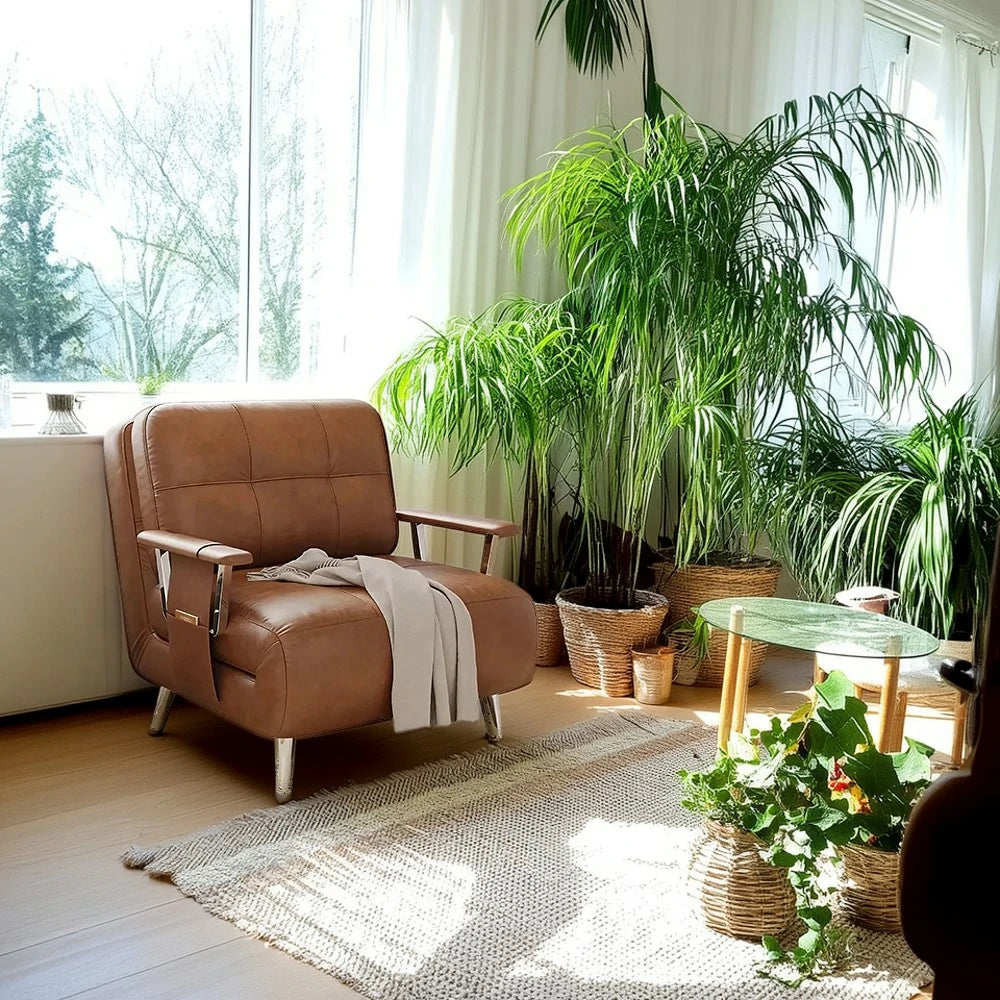 LIVARA 94/114cm Sofa Bed, 2-in-1 Design, High-Density Foam, Cat-Scratch Leather, Adjustable Angles, Durable & Waterproof - Brown