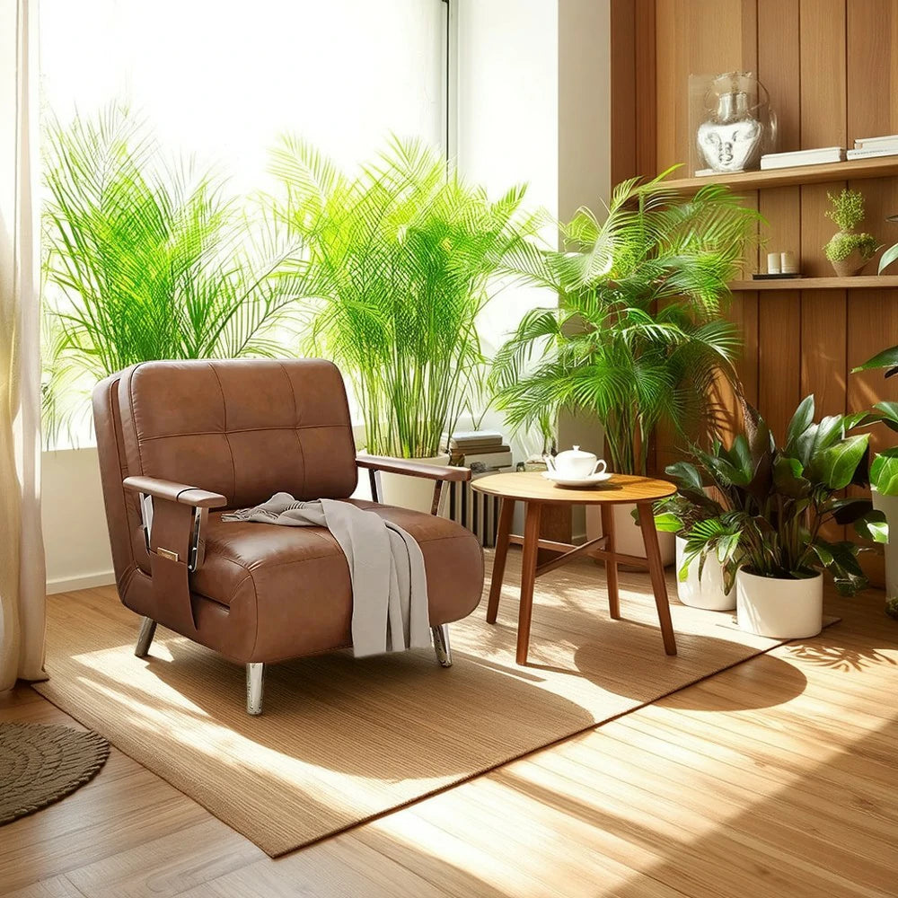 LIVARA 94/114cm Sofa Bed, 2-in-1 Design, High-Density Foam, Cat-Scratch Leather, Adjustable Angles, Durable & Waterproof - Brown