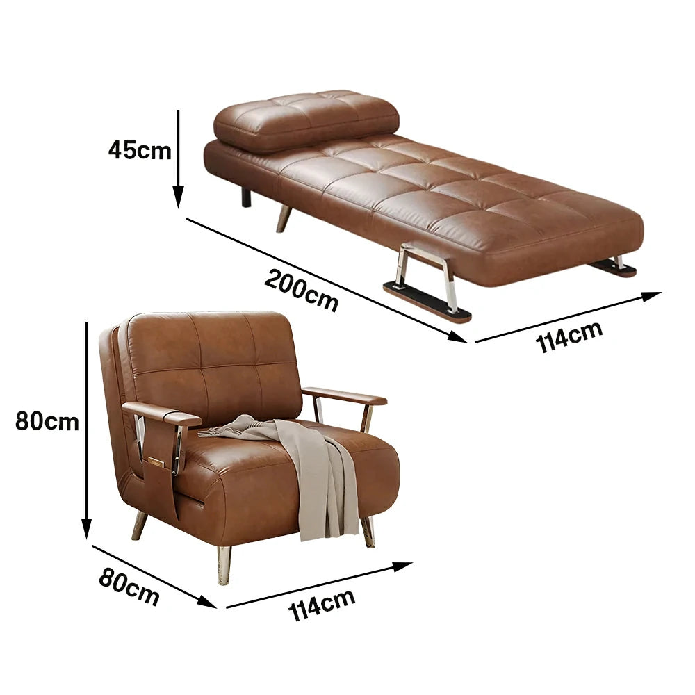 LIVARA 94/114cm Sofa Bed, 2-in-1 Design, High-Density Foam, Cat-Scratch Leather, Adjustable Angles, Durable & Waterproof - Brown