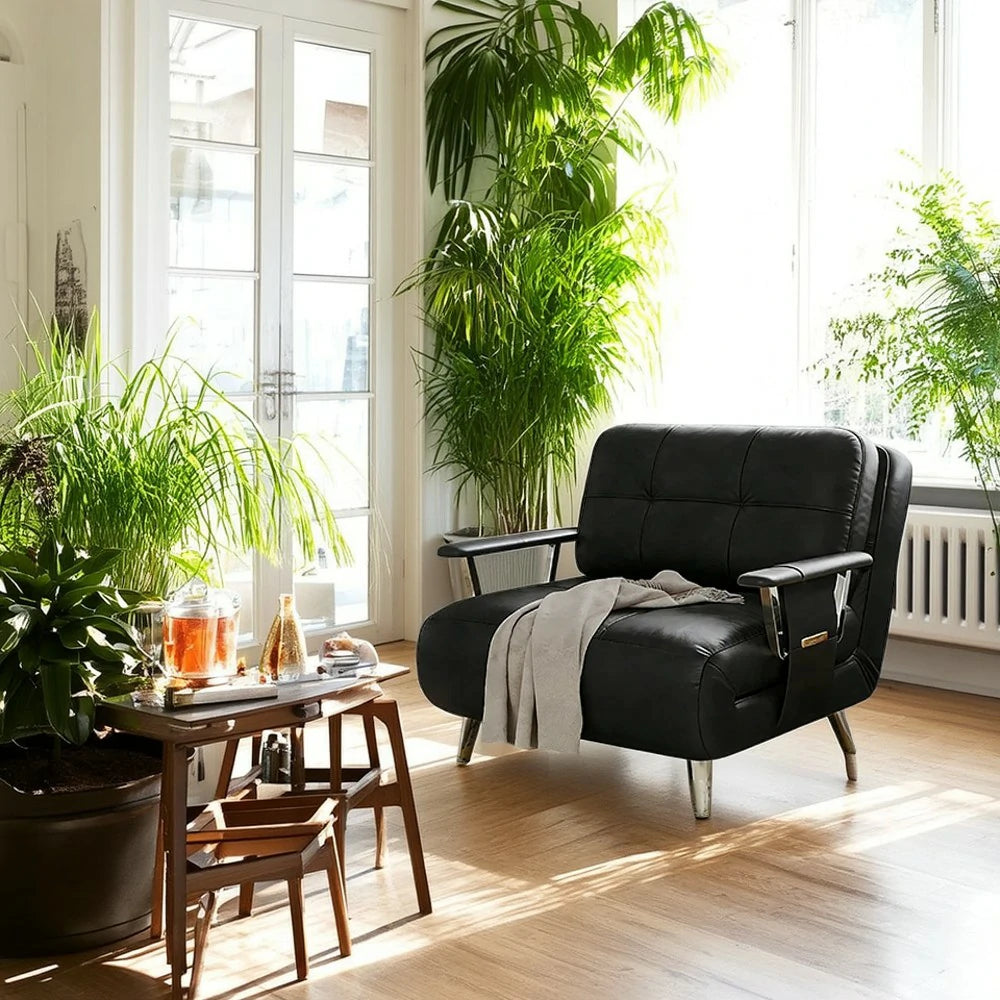 LIVARA 94/114cm Sofa Bed, 2-in-1 Design, High-Density Foam, Cat-Scratch Leather, Adjustable Angles, Durable & Waterproof - Black