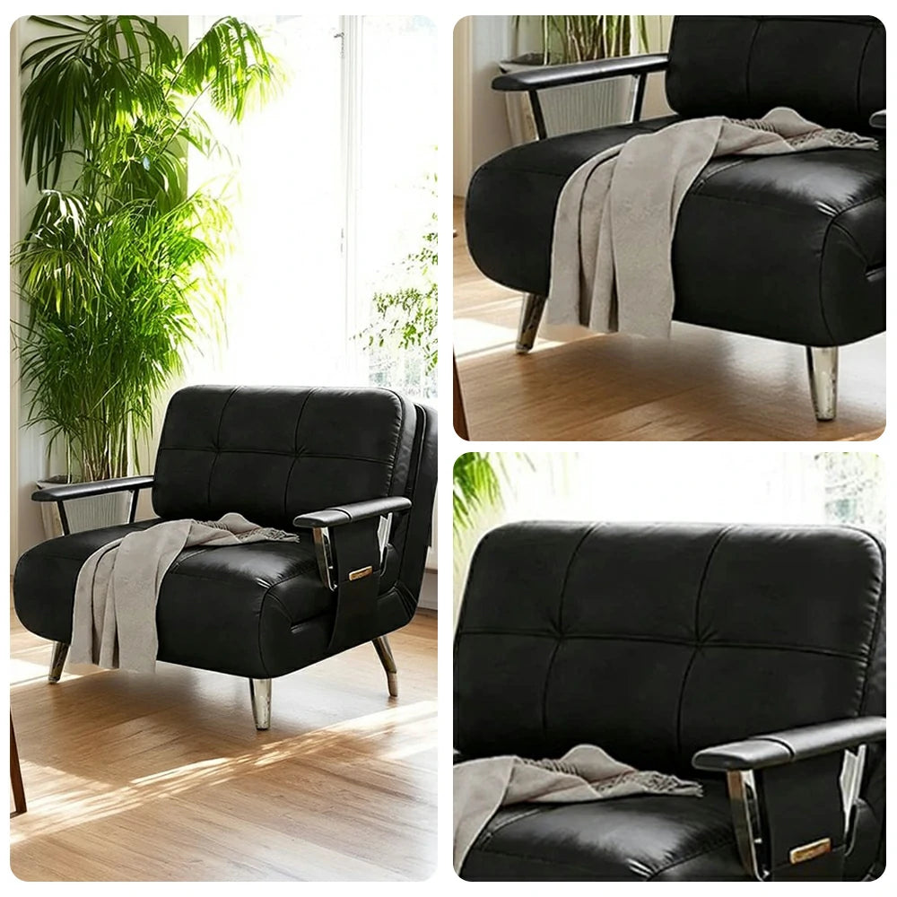 LIVARA 94/114cm Sofa Bed, 2-in-1 Design, High-Density Foam, Cat-Scratch Leather, Adjustable Angles, Durable & Waterproof - Black