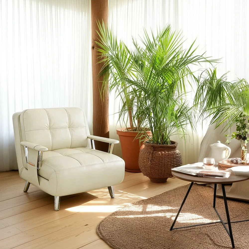 LIVARA 94/114cm Sofa Bed, 2-in-1 Design, High-Density Foam, Cat-Scratch Leather, Adjustable Angles, Durable & Waterproof - Beige