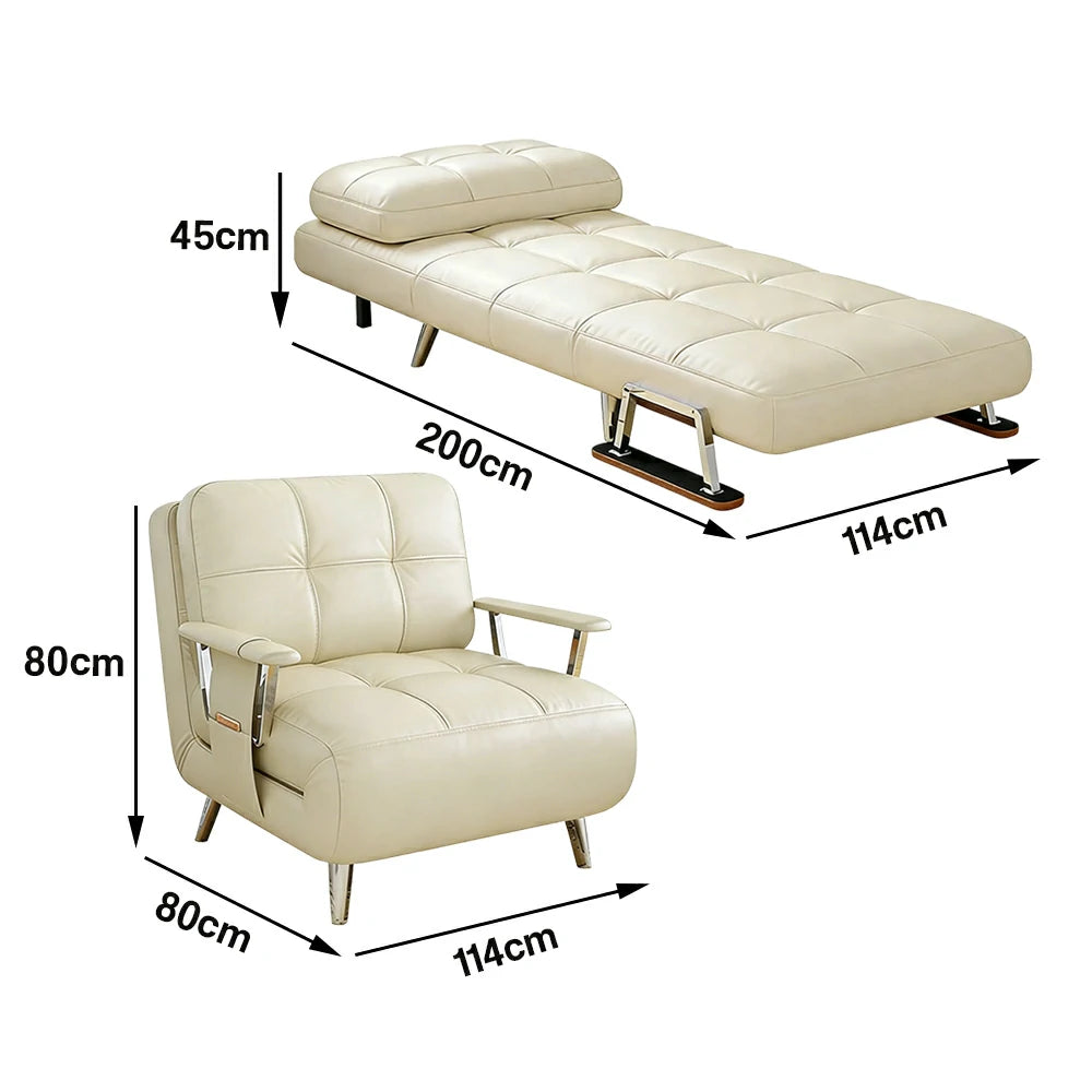 LIVARA 94/114cm Sofa Bed, 2-in-1 Design, High-Density Foam, Cat-Scratch Leather, Adjustable Angles, Durable & Waterproof - Beige
