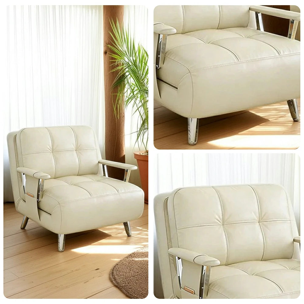 LIVARA 94/114cm Sofa Bed, 2-in-1 Design, High-Density Foam, Cat-Scratch Leather, Adjustable Angles, Durable & Waterproof - Beige