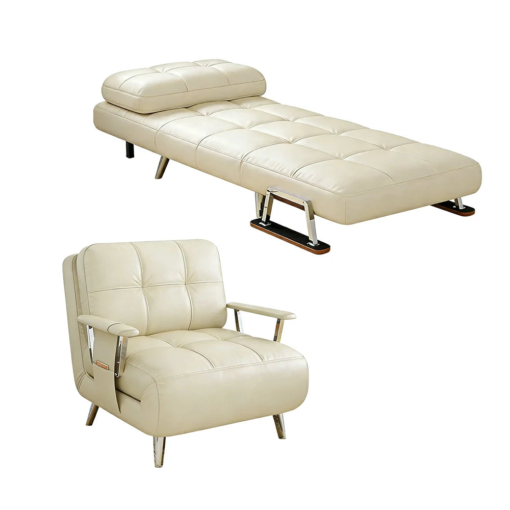 LIVARA 94/114cm Sofa Bed, 2-in-1 Design, High-Density Foam, Cat-Scratch Leather, Adjustable Angles, Durable & Waterproof - Beige