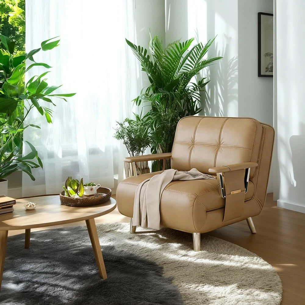 LIVARA 94/114cm Sofa Bed, 2-in-1 Design, High-Density Foam, Cat-Scratch Leather, Adjustable Angles, Durable & Waterproof - Khaki