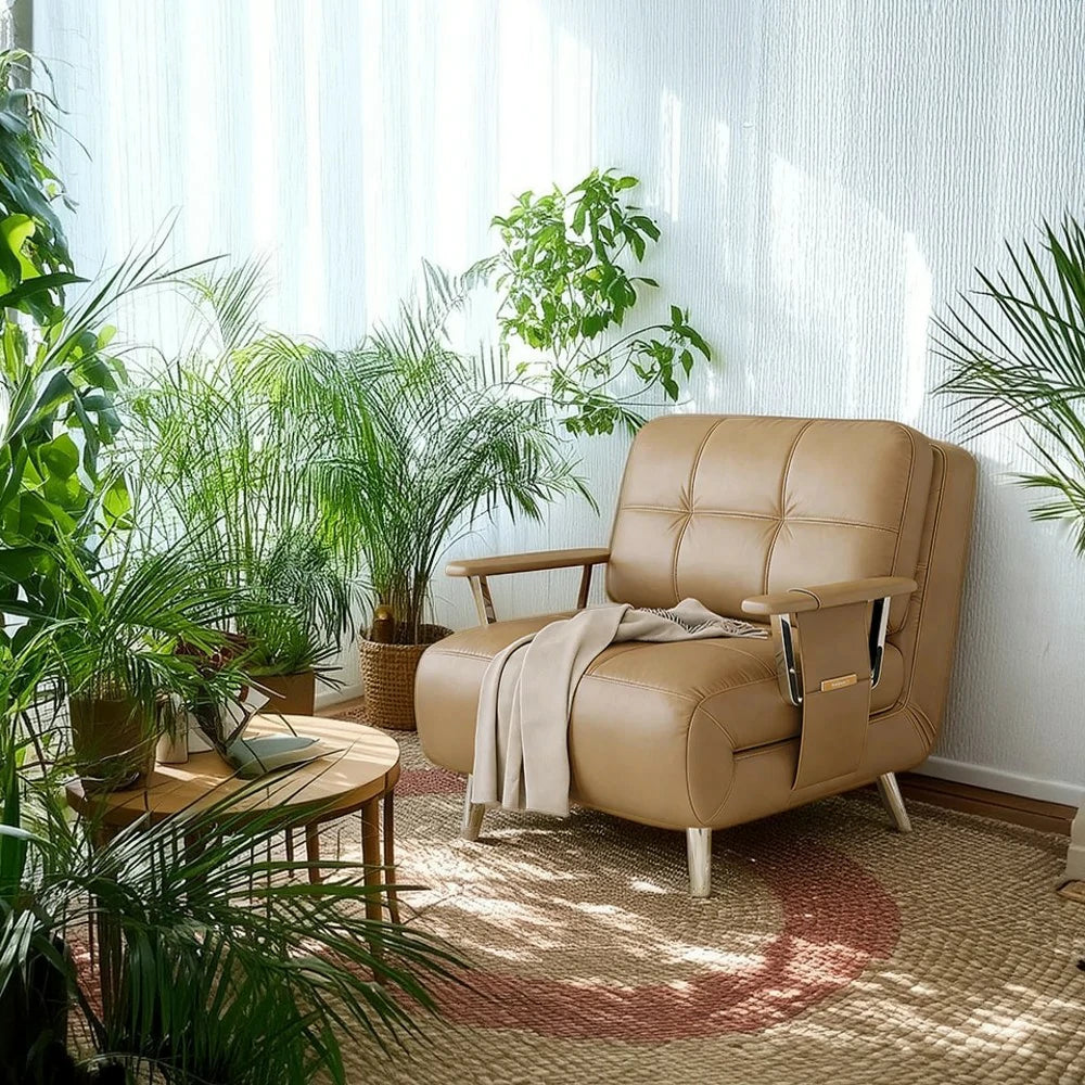 LIVARA 94/114cm Sofa Bed, 2-in-1 Design, High-Density Foam, Cat-Scratch Leather, Adjustable Angles, Durable & Waterproof - Khaki