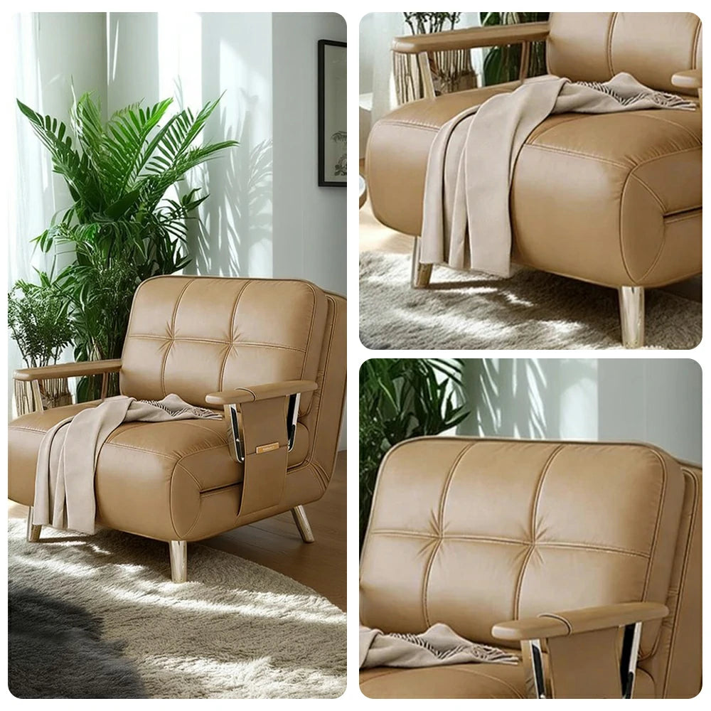 LIVARA 94/114cm Sofa Bed, 2-in-1 Design, High-Density Foam, Cat-Scratch Leather, Adjustable Angles, Durable & Waterproof - Khaki