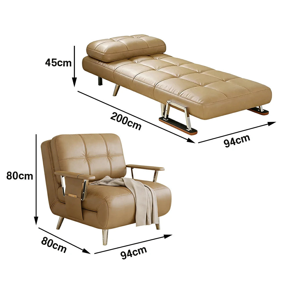 LIVARA 94/114cm Sofa Bed, 2-in-1 Design, High-Density Foam, Cat-Scratch Leather, Adjustable Angles, Durable & Waterproof - Khaki