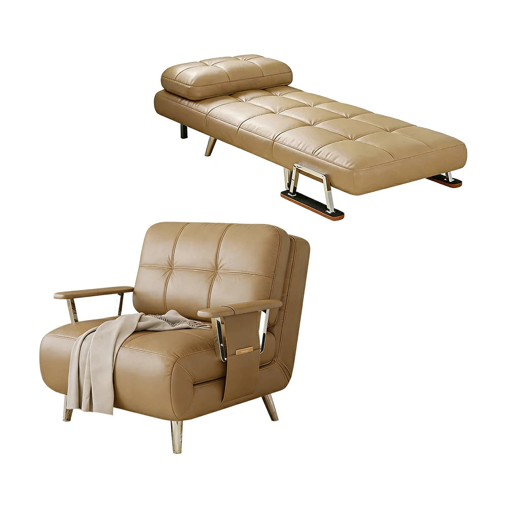 LIVARA 94/114cm Sofa Bed, 2-in-1 Design, High-Density Foam, Cat-Scratch Leather, Adjustable Angles, Durable & Waterproof - Khaki