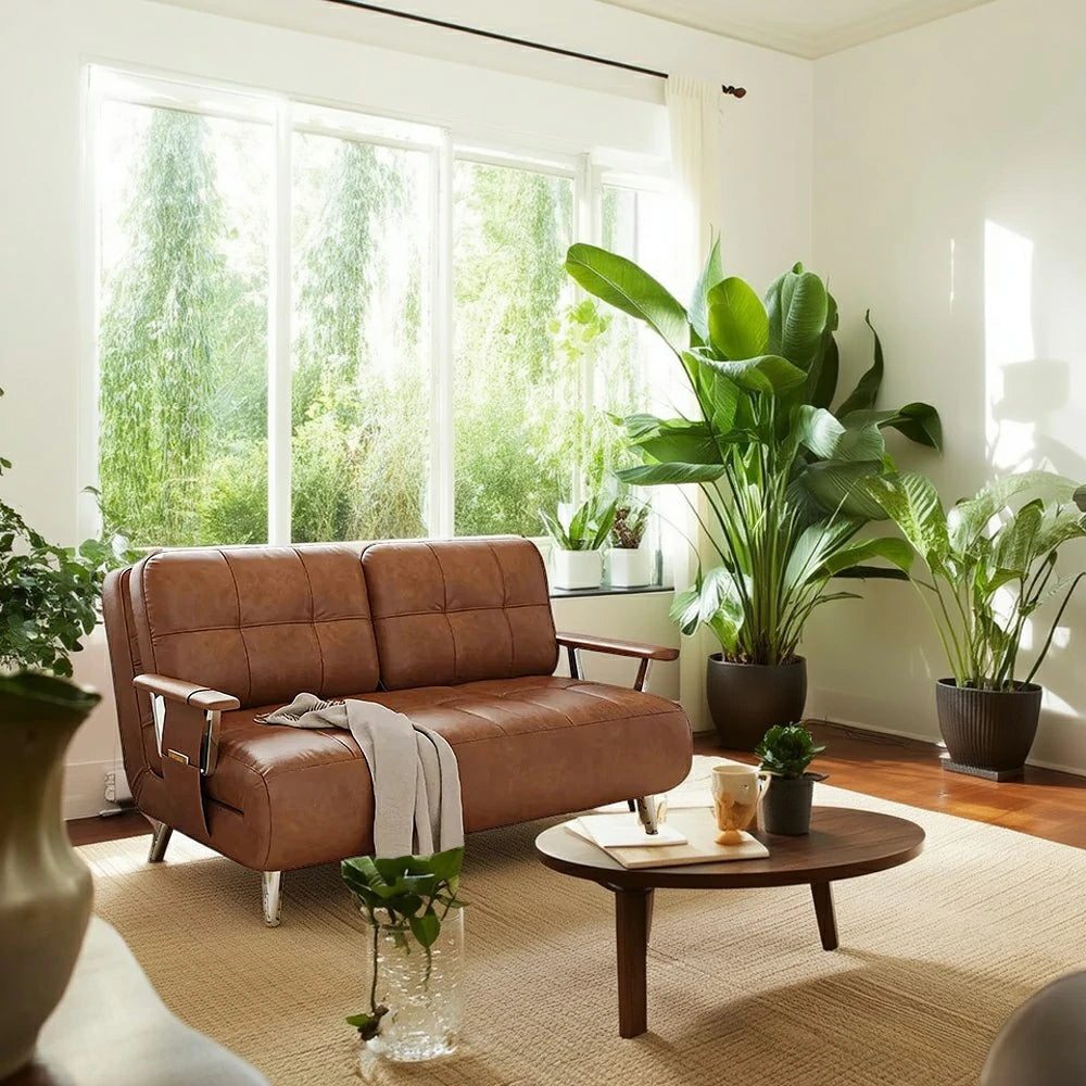 LIVARA 134/164cm Sofa Bed, 2-in-1 Design, High-Density Foam, Cat-Scratch Leather, Adjustable Angles, Durable & Waterproof - Brown