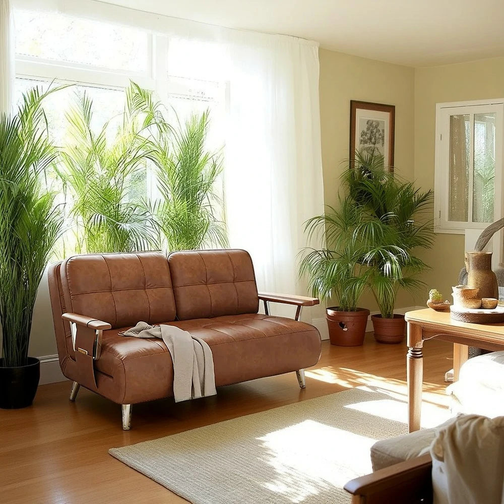 LIVARA 134/164cm Sofa Bed, 2-in-1 Design, High-Density Foam, Cat-Scratch Leather, Adjustable Angles, Durable & Waterproof - Brown