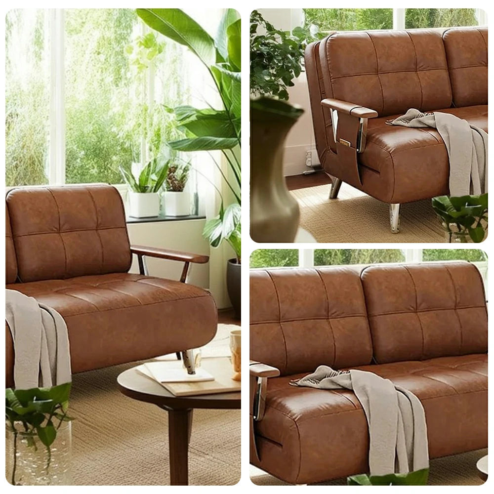 LIVARA 134/164cm Sofa Bed, 2-in-1 Design, High-Density Foam, Cat-Scratch Leather, Adjustable Angles, Durable & Waterproof - Brown