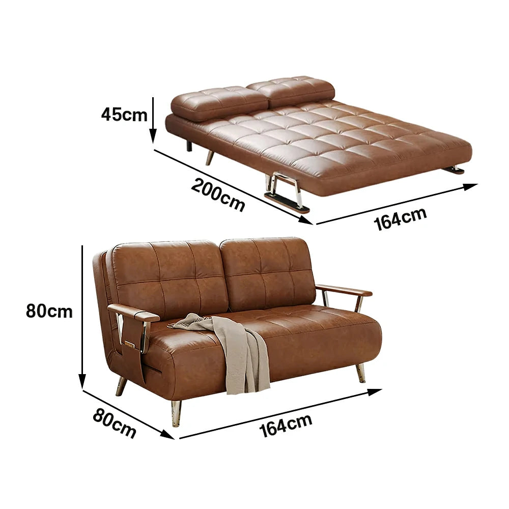 LIVARA 134/164cm Sofa Bed, 2-in-1 Design, High-Density Foam, Cat-Scratch Leather, Adjustable Angles, Durable & Waterproof - Brown