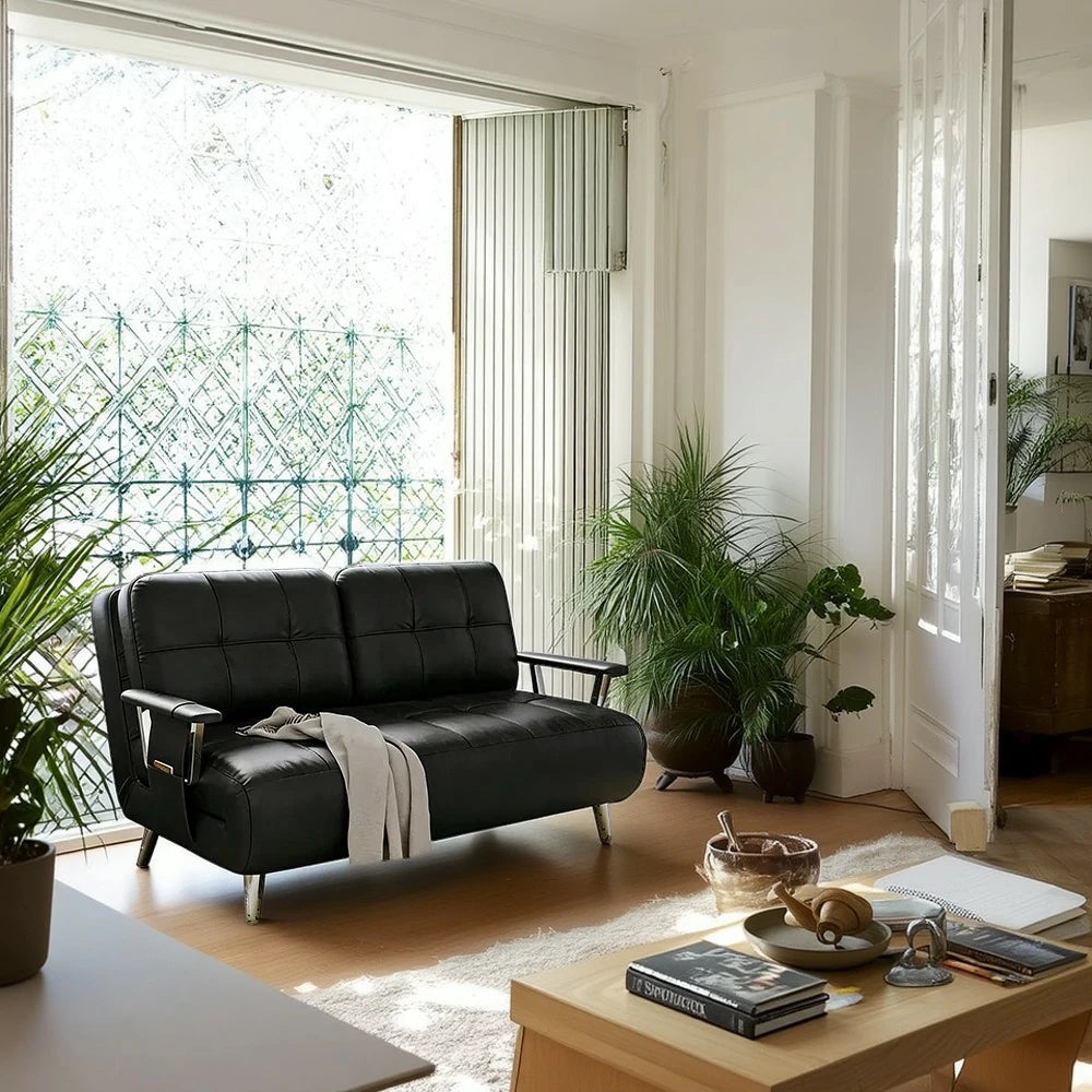 LIVARA 134/164cm Sofa Bed, 2-in-1 Design, High-Density Foam, Cat-Scratch Leather, Adjustable Angles, Durable & Waterproof - Black